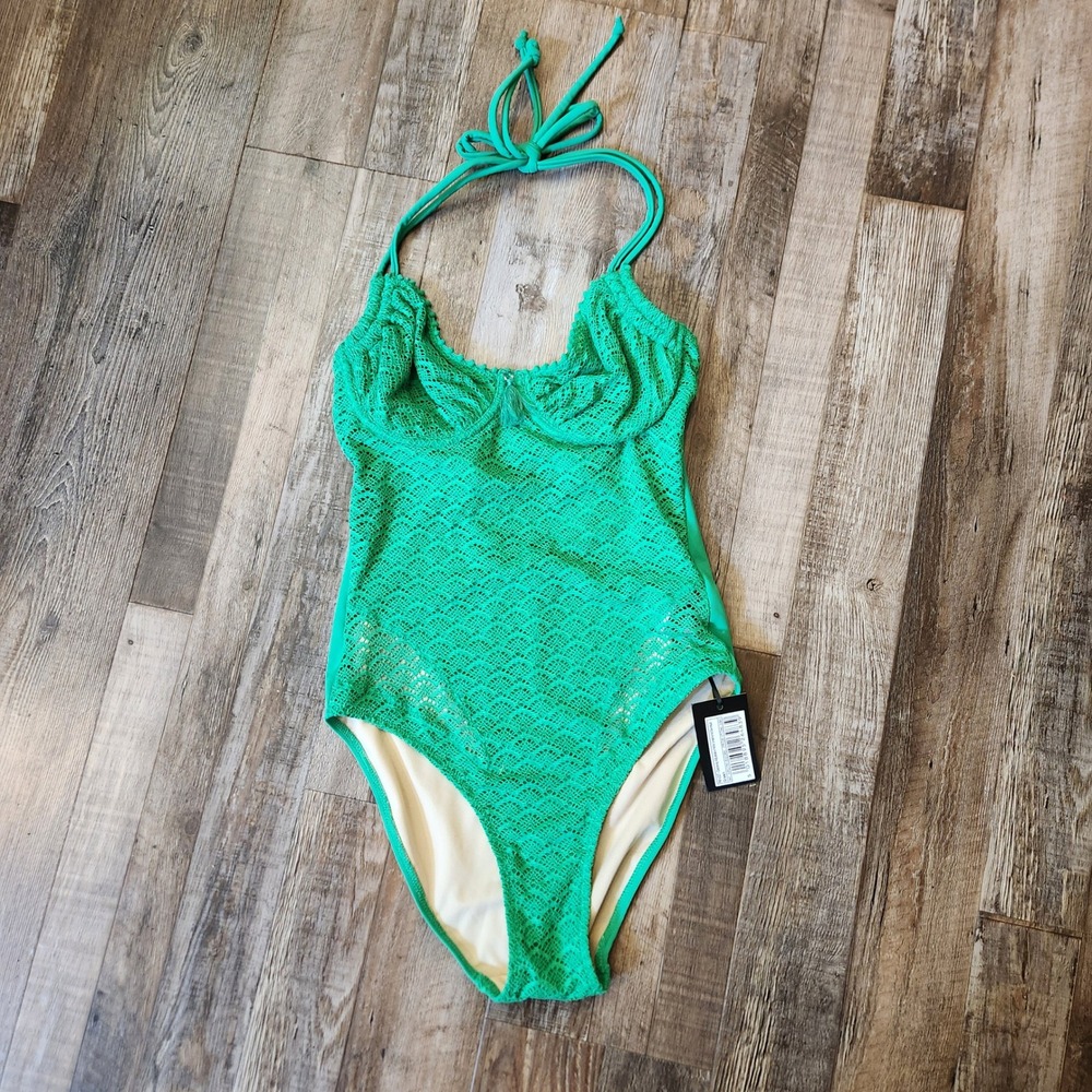 Pour Moi Castaway Green Crochet Underwired Halter Swimsuit PM-14207 34C NEW